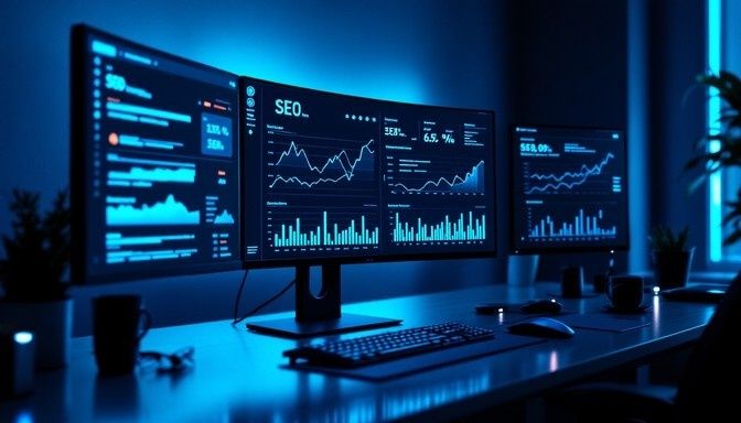 Tre skärmar visar SEO-grafer och analysdata vid ett skrivbord